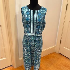 Talbots slit neck Blue Patterned Sleeveless Dress